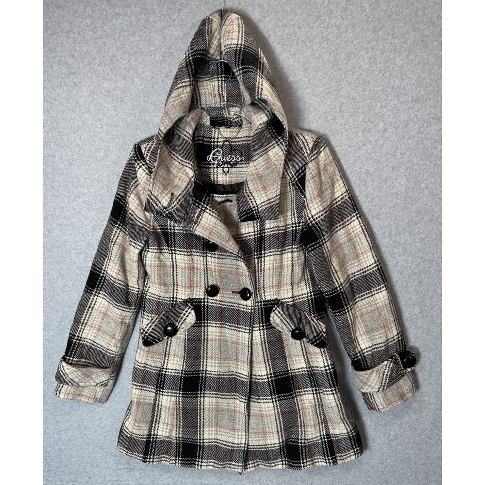 Guess Jacket Womens Medium Plaid Wool Blend Hooded Coat Missing Buttons‎